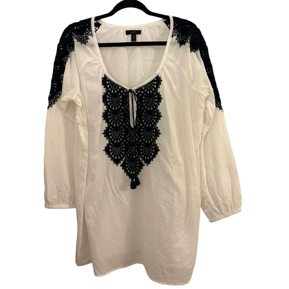 J.Crew White Embroidered Tie Tassel Tunic Top M Blue Cutwork Boho Prarie Cotton